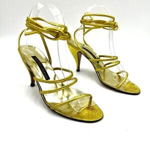 Walter Steiger Vintage Gold Metallic Heels Spaghetti Strap Wrap Ties